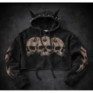 Y2K Skull Graphic Hoodie Cropped Black Spike Horn Goth Punk Grunge Sweatshirt S
